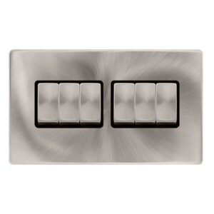 Click Definity Complete 10Ax Ingot 6 Gang 2 Way Switch Brushed Steel Cover Plate Black Insert