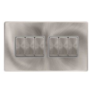 Click Definity Complete 10Ax Ingot 6 Gang 2 Way Switch Brushed Steel Cover Plate Grey Insert