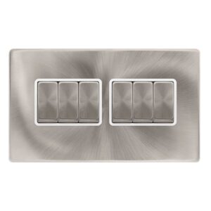 Click Definity Complete 10Ax Ingot 6 Gang 2 Way Switch Brushed Steel Cover Plate Polar Insert