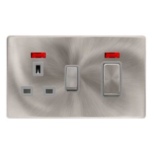Click Definity Complete 50A Ingot Double Pole Switch With 13A Double Pole Switched Socket & Neon Brushed Steel Cover Plate Grey Insert