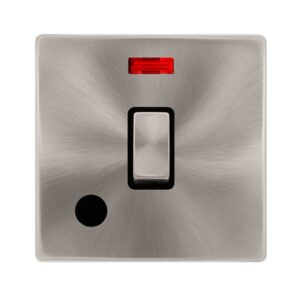Click Definity Complete 20A Ingot Double Pole Switch With Neon & Flex Outlet Brushed Steel Cover Plate Black Insert
