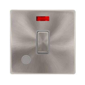Click Definity Complete 20A Ingot Double Pole Switch With Neon & Flex Outlet Brushed Steel Cover Plate Grey Insert
