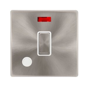 Click Definity Complete 20A Ingot Double Pole Switch With Neon & Flex Outlet Brushed Steel Cover Plate Polar White Insert