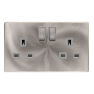 Click Definity Complete 13A Ingot 2 Gang Dp Switched Socket Brushed Steel Cover Plate Grey Insert