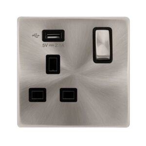 Click Definity Complete 13A Ingot 1 Gang Switched Socket With 2.1A Usb Outlet Brushed Steel Cover Plate Black Insert