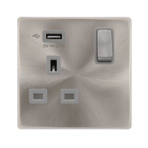 Click Definity Complete 13A Ingot 1 Gang Switched Socket With 2.1A Usb Outlet Brushed Steel Cover Plate Grey Insert