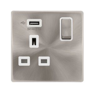 Click Definity Complete 13A Ingot 1 Gang Switched Socket With 2.1A Usb Outlet Brushed Steel Cover Plate Polar White Insert