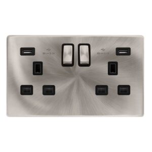 Click Definity Complete 13A Ingot 2 Gang Switched Socket With 2.1A Usb Outlets Brushed Steel Cover Plate Black Insert