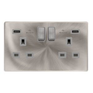 Click Definity Complete 13A Ingot 2 Gang Switched Socket With 2.1A Usb Outlets Brushed Steel Cover Plate Grey Insert