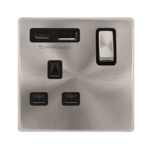 Click Definity Complete Definity Ingot 13A 1 Gang Switched Safety Shutter Socket Outlet With Type A & C Usb (4A) Outlets Brushed Stainless Black Inserts