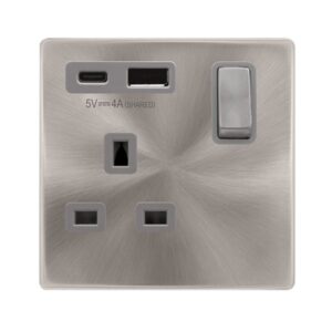 Click Definity Complete Definity Ingot 13A 1 Gang Switched Safety Shutter Socket Outlet With Type A & C Usb (4A) Outlets Brushed Stainless Grey Inserts