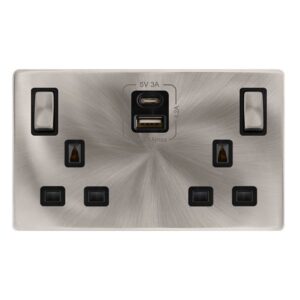 Click Definity Complete 13A Ingot 2 Gang Switched Safety Shutter Socket With Type A & C Usb Brushed Steel Cover Plate Black Insert