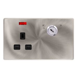 Click Definity Complete 13A 1 Gang Double Pole Key Lockable Socket With Neon Brushed Steel Cover Plate Black Insert