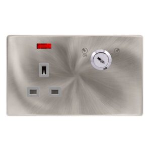 Click Definity Complete 13A 1 Gang Double Pole Key Lockable Socket With Neon Brushed Steel Cover Plate Grey Insert