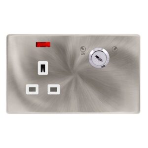 Click Definity Complete 13A 1 Gang Double Pole Key Lockable Socket With Neon Brushed Steel Cover Plate Polar White Insert