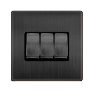Click Definity Complete 10Ax Ingot 3 Gang 2 Way Switch Matt Bronze Cover Plate Black Insert