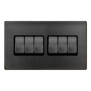 Click Definity Complete 10Ax Ingot 6 Gang 2 Way Switch Matt Bronze Cover Plate Black Insert
