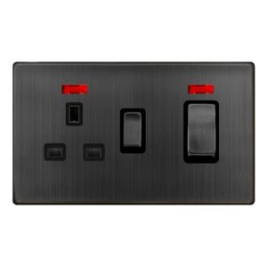 Click Definity Complete 50A Ingot Double Pole Switch With 13A Double Pole Switched Socket & Neon Matt Bronze Cover Plate Black Insert