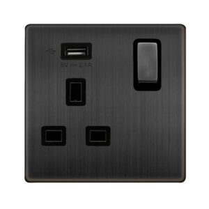 Click Definity Complete 13A Ingot 1 Gang Switched Socket With 2.1A Usb Outlet Matt Bronze Cover Plate Black Insert