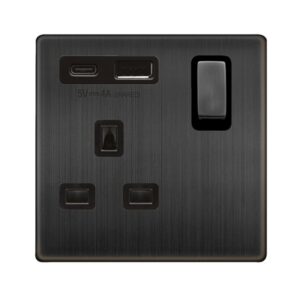 Click Definity Complete 13A Ingot 1 Gang Switched Safety Shutter Socket With Type A & C Usb Matt Bronze Cover Plate Black Insert
