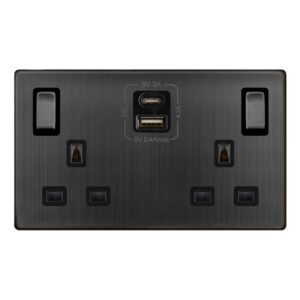 Click Definity Complete 13A Ingot 2 Gang Switched Safety Shutter Socket With Type A & C Usb Matt Bronze Cover Plate Black Insert