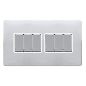 Click Definity Complete 10Ax Ingot 6 Gang 2 Way Switch Polished Chrome Cover Plate Polar White Insert