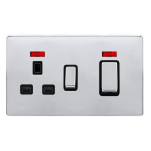 Click Definity Complete 50A Ingot Double Pole Switch With 13A Double Pole Switched Socket & Neon Polished Chrome Cover Plate Black Insert