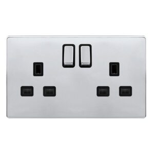 Click Definity Complete 13A Ingot 2 Gang Dp Switched Socket Polished Chrome Cover Plate Black Insert