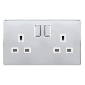 Click Definity Complete 13A Ingot 2 Gang Dp Switched Socket Polished Chrome Cover Plate Polar White Insert