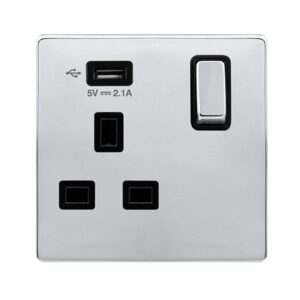 Click Definity Complete 13A Ingot 1 Gang Switched Socket With 2.1A Usb Outlet Polished Chrome Cover Plate Black Insert