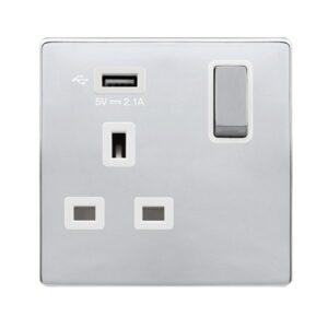 Click Definity Complete 13A Ingot 1 Gang Switched Socket With 2.1A Usb Outlet Polished Chrome Cover Plate Polar White Insert