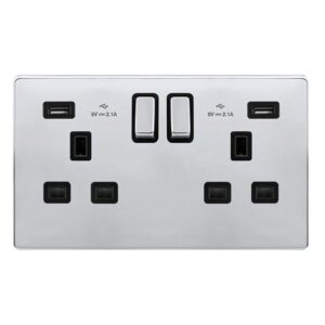 Click Definity Complete 13A Ingot 2 Gang Switched Socket With 2.1A Usb Outlets Polished Chrome Cover Plate Black Insert