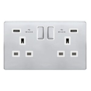 Click Definity Complete 13A Ingot 2 Gang Switched Socket With 2.1A Usb Outlets Polished Chrome Cover Plate Polar White Insert