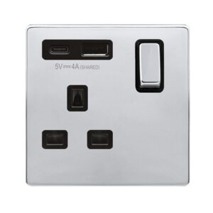 Click Definity Complete Definity Ingot 13A 1 Gang Switched Safety Shutter Socket Outlet With Type A & C Usb (4A) Outlets Polished Chrome Black Inserts