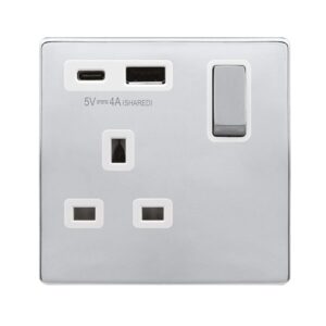 Click Definity Complete Definity Ingot 13A 1 Gang Switched Safety Shutter Socket Outlet With Type A & C Usb (4A) Outlets Polished Chrome Polar White Inserts