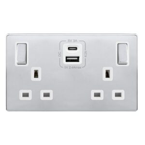 Click Definity Complete 13A Ingot 2 Gang Switched Safety Shutter Socket With Type A & C Usb Polished Chrome Cover Plate Polar White Insert
