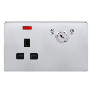 Click Definity Complete 13A 1 Gang Double Pole Key Lockable Socket With Neon Polished Chrome Cover Plate Black Insert