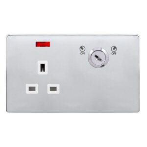 Click Definity Complete 13A 1 Gang Double Pole Key Lockable Socket With Neon Polished Chrome Cover Plate Polar White Insert
