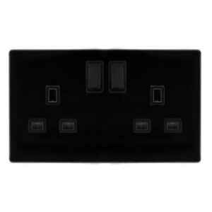 Click Definity Complete 13A Ingot 2 Gang Dp Switched Socket Metal Black Cover Plate Black Insert