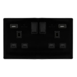 Click Definity Complete 13A Ingot 2 Gang Switched Socket With 2.1A Usb Outlets Metal Black Cover Plate Black Insert
