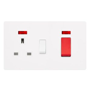 Click Definity Complete 50A Double Pole Switch With 13A Double Pole Switched Socket & Neon Metal White Cover Plate Polar White Insert