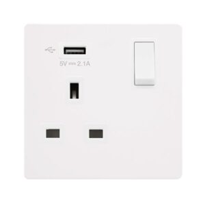 Click Definity Complete 13A Ingot 1 Gang Switched Socket With 2.1A Usb Outlet Metal White Cover Plate Polar White Insert