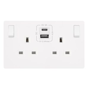 Click Definity Complete 13A Ingot 2 Gang Switched Safety Shutter Socket With Type A & C Usb Metal White Cover Plate Polar White Insert