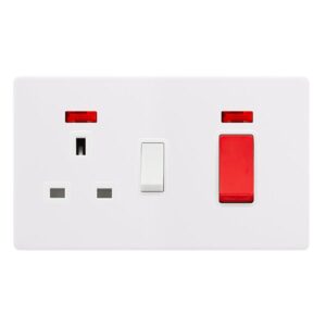 Click Definity Complete 50A Double Pole Switch With 13A Double Pole Switched Socket & Neon Polar White Cover Plate Polar White Insert