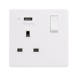 Click Definity Complete 13A Ingot 1 Gang Switched Socket With 2.1A Usb Outlet Polar White Cover Plate Polar White Insert