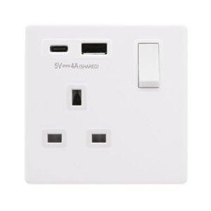 Click Definity Complete Definity Non Ingot 13A 1 Gang Switched Safety Shutter Socket Outlet With Type A & C Usb (4A) Outlets Polar White Polar White Inserts
