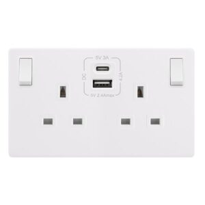 Click Definity Complete 13A Ingot 2 Gang Switched Safety Shutter Socket With Type A & C Usb Polar White Cover Plate Polar White Insert