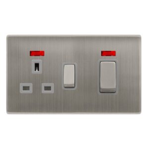 Click Definity Complete 50A Ingot Double Pole Switch With 13A Double Pole Switched Socket & Neon Stainless Steel Cover Plate Grey Insert
