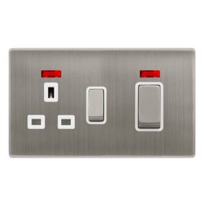 Click Definity Complete 50A Ingot Double Pole Switch With 13A Double Pole Switched Socket & Neon Stainless Steel Cover Plate Polar White Insert