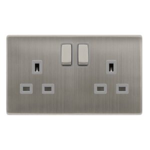Click Definity Complete 13A Ingot 2 Gang Dp Switched Socket Stainless Steel Cover Plate Grey Insert